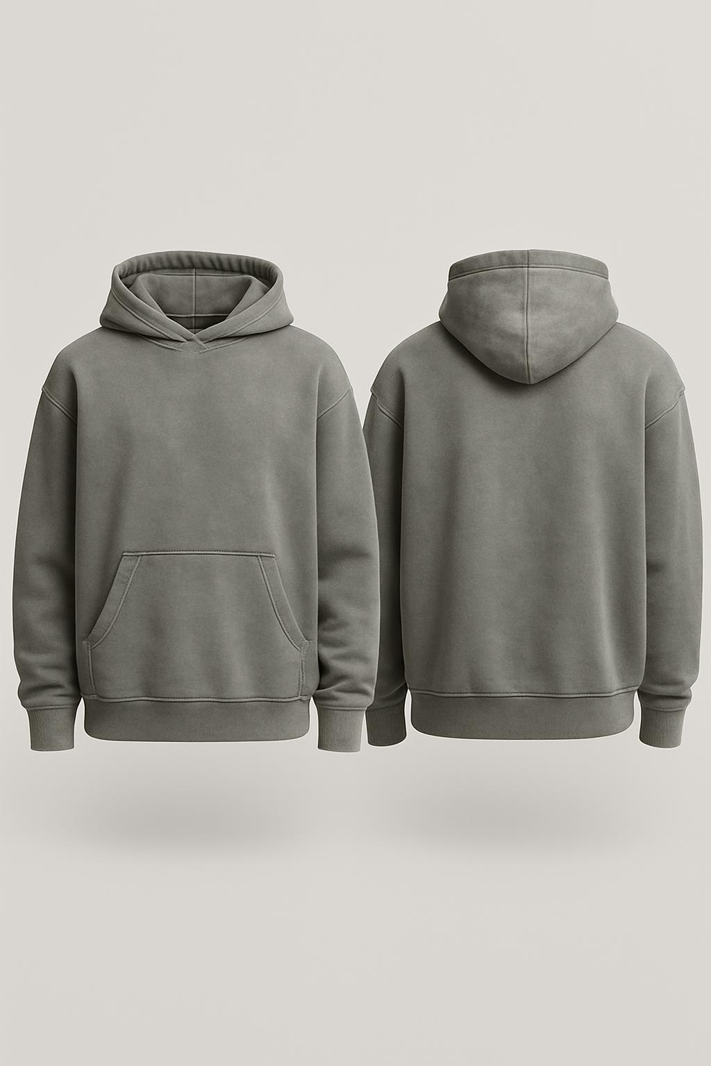Oversized garment-dyed hoodie, front and back (AI-generated illustration)